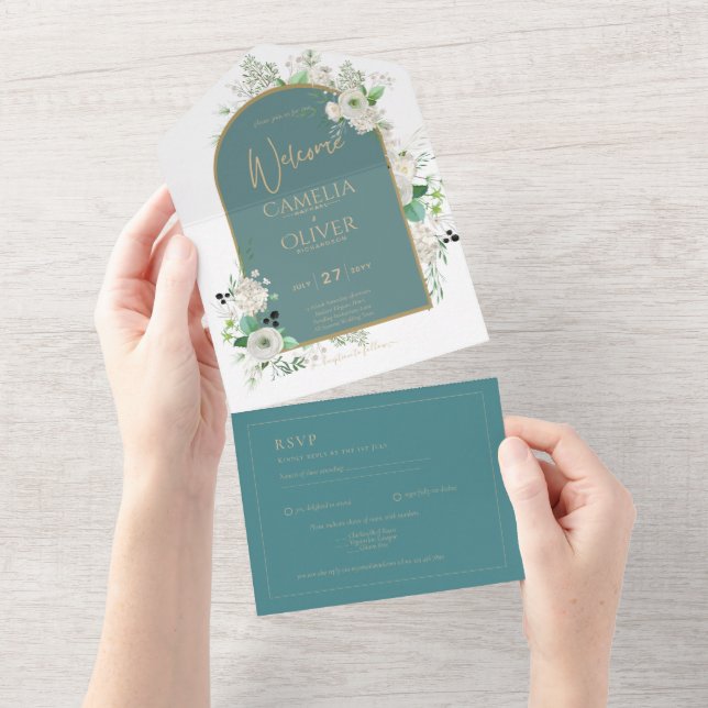 Elegant White Roses All-in-1 Wedding Invite RSVP (Tearaway)