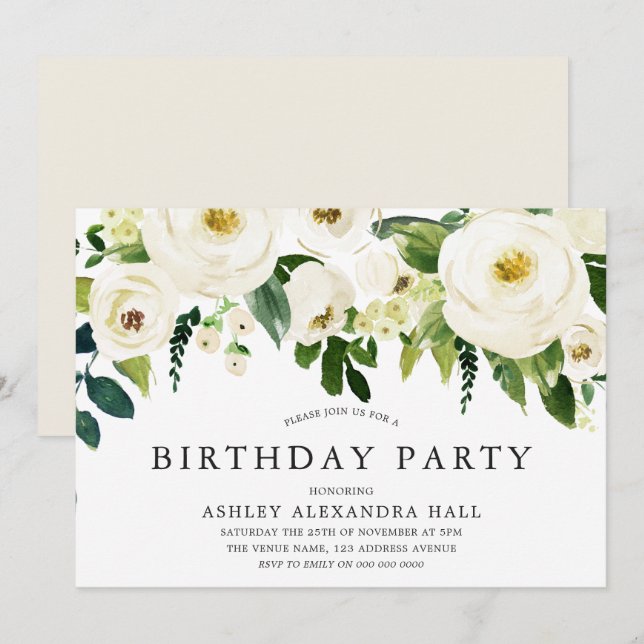 Elegant White Roses All Years Birthday Party Invitation (Front/Back)