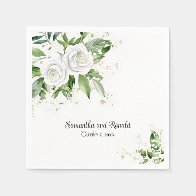 Elegant White Roses and Baby's Breath Wedding Napkin (Front)