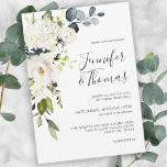 Elegant White Roses and Hydrangeas Floral Wedding Invitation<br><div class="desc">With a popular neutral colour scheme, this wedding invitation design features a cascading bouquet of white watercolor florals with trailing greenery. The flowers include roses, hydrangeas and matching mixed florals for a lovely effect. The text pairings used in this design feature the bride and groom's names prominently using a handwritten...</div>