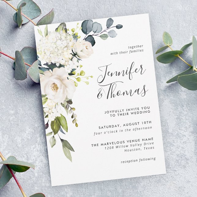 Elegant White Roses and Hydrangeas Floral Wedding Invitation (Creator Uploaded)
