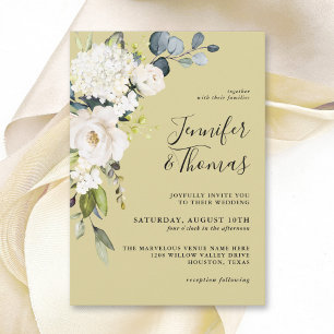 Elegant White Roses and Hydrangeas on Gold Invitation