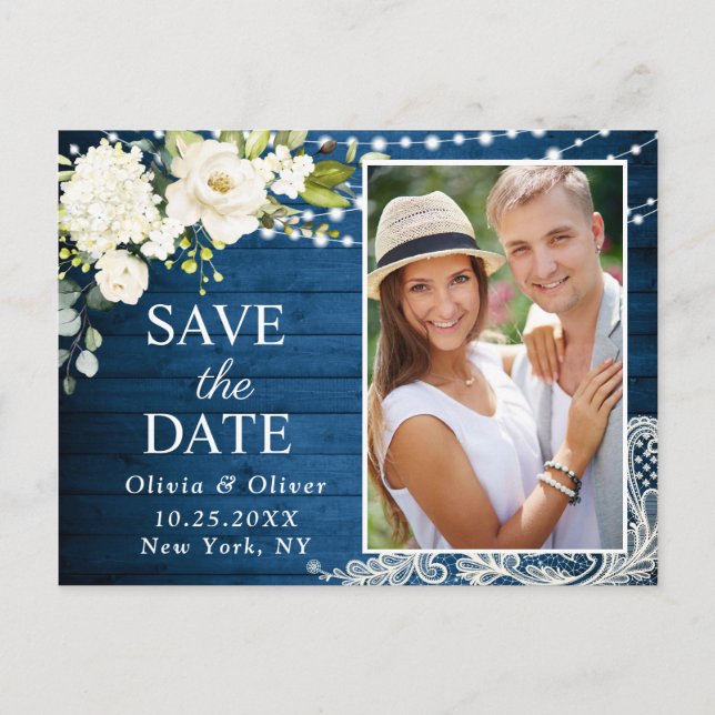 Elegant White Roses and Lace Rustic Save the Date Postcard (Front)