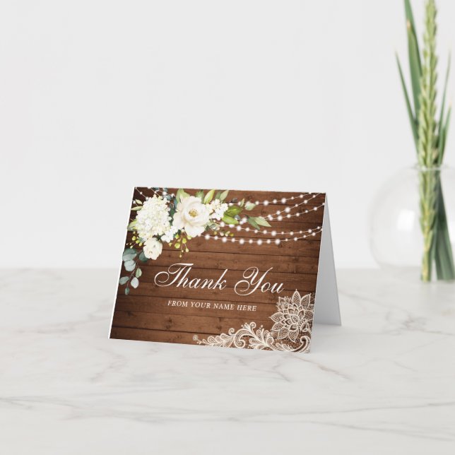 Elegant White Roses and Lace Rustic Wood Thank You Card (Front)