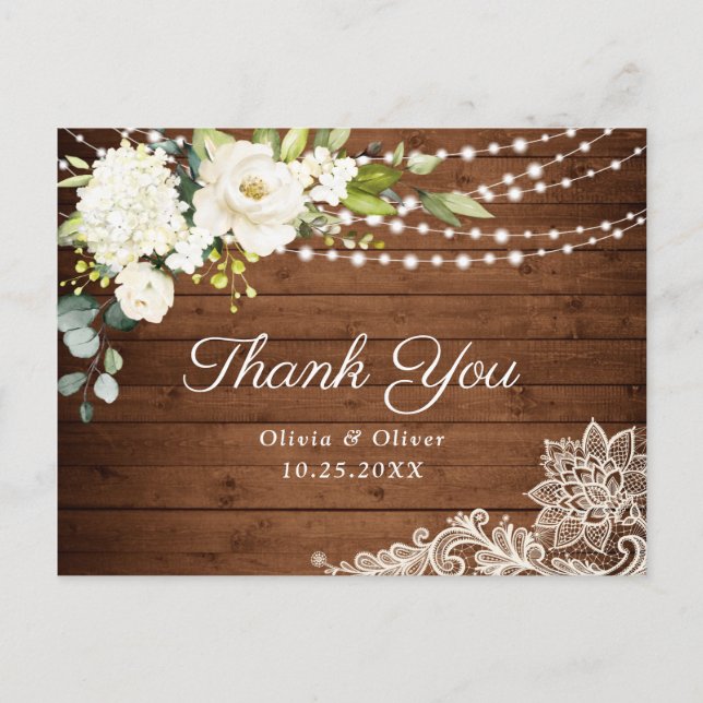 Elegant White Roses and Lace Rustic Wood Thank You Postcard (Front)
