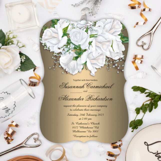 Elegant White Roses and Pale Bronze Floral Wedding Invitation (Creator Uploaded)