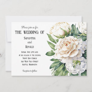 Elegant White Roses and Peonies Wedding Invitation