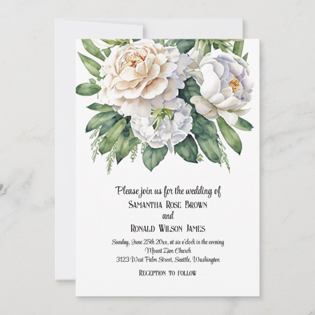 Elegant White Roses and Peonies Wedding Invitation (Front)