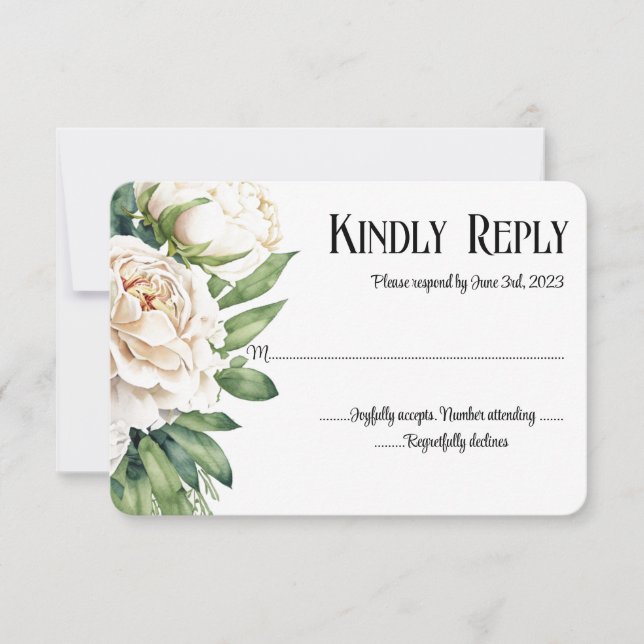 Elegant White Roses and Peonies Wedding RSVP Card (Front)
