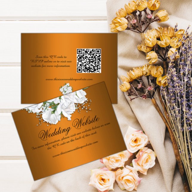 Elegant White Roses and Tangerine Wedding Website Enclosure Card (Creator Uploaded)