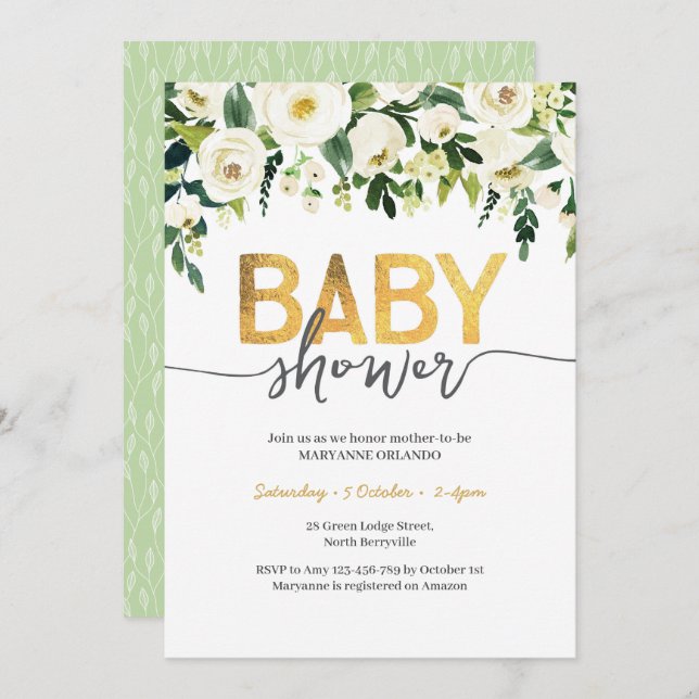 Elegant White Roses Baby Shower Invitation (Front/Back)