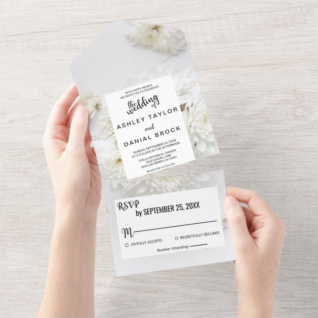 Elegant white roses blossoms floral summer Wedding All In One Invitation (Tearaway)