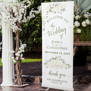 Elegant White Roses & Blossoms Wedding Welcome Retractable Banner