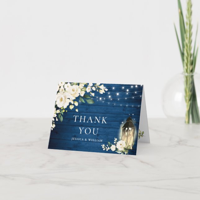 Elegant White Roses Blue Wood Lantern Thank You Card (Front)