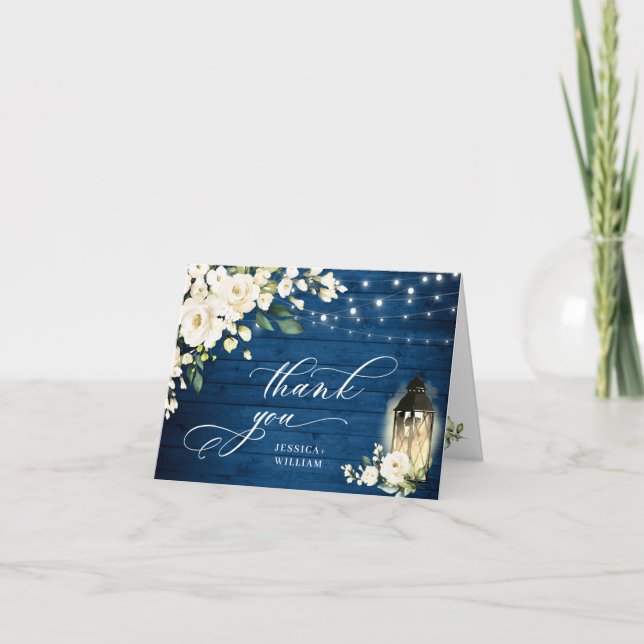 Elegant White Roses Blue Wood Lantern Thank You Card (Front)
