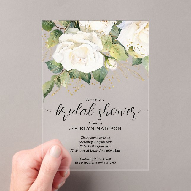 Elegant White Roses Bridal Shower Acrylic Invitati Invitations (Insitu (Handheld))