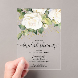 Elegant White Roses Bridal Shower Acrylic Invitations
