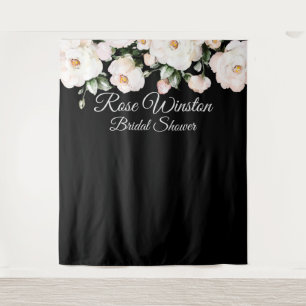 Elegant White Roses Bridal Shower Black Backdrop Tapestry