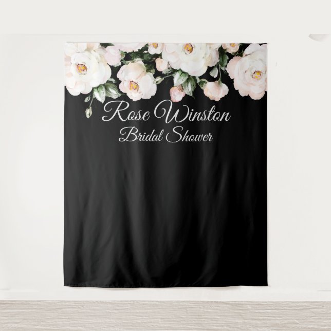Elegant White Roses Bridal Shower Black Backdrop Tapestry (Front)