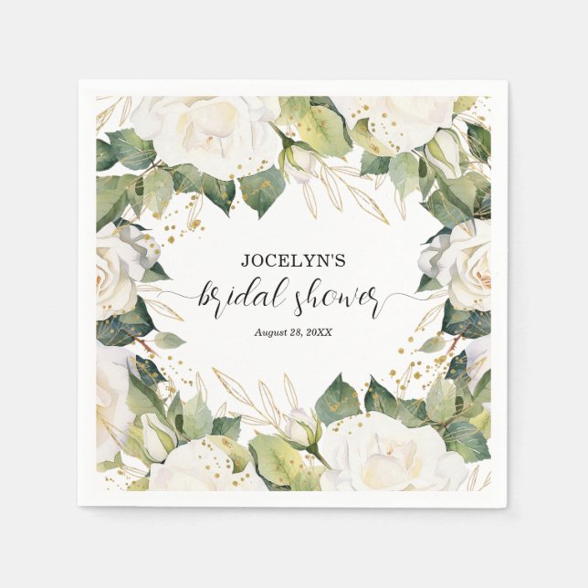 Elegant White Roses Bridal Shower Napkin (Front)