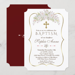 Elegant White Roses Burgundy Gold Baptism Invitation
