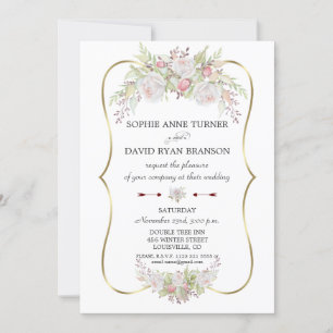 Elegant White Roses Burgundy Gold Frame Wedding Invitation