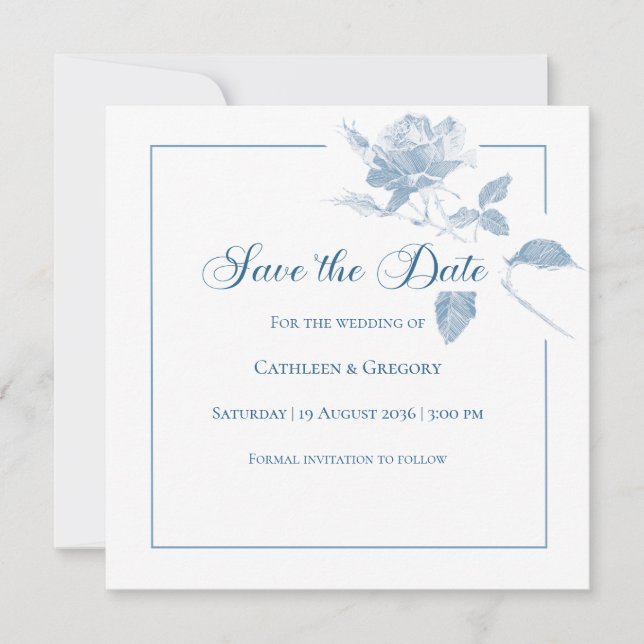 Elegant White Roses Dusty Blue Floral Wedding  Save The Date (Front)