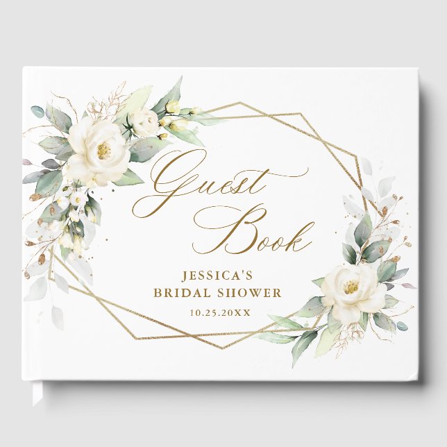 Elegant White Roses Eucalyptus Bridal Shower Guest Book (Front)