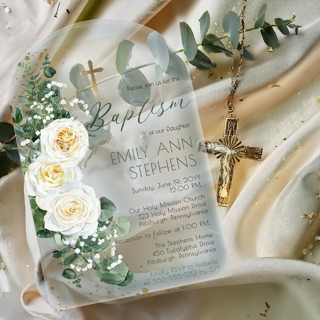Elegant White Roses Eucalyptus Floral Girl Baptism Acrylic Invitations (Elegant White Roses Eucalyptus Floral Girl Baptism Acrylic Invitations)
