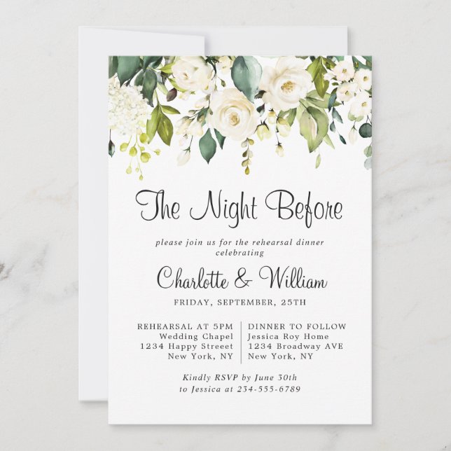 Elegant White Roses Eucalyptus REHEARSAL DINNER Invitation (Front)