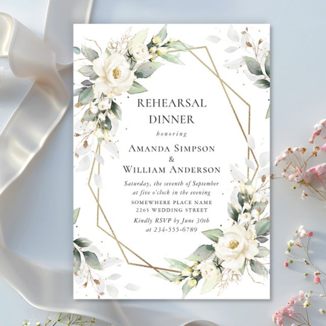 Elegant White Roses Eucalyptus Rehearsal Dinner Invitation (Creator Uploaded)
