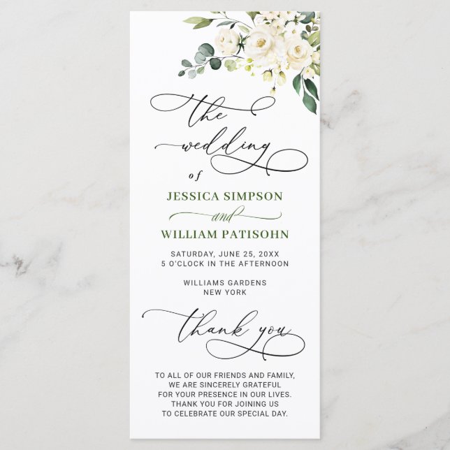 Elegant White Roses Eucalyptus Wedding Ceremony Programme (Front)