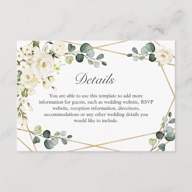 Elegant White Roses Eucalyptus Wedding Details Enclosure Card (Front)
