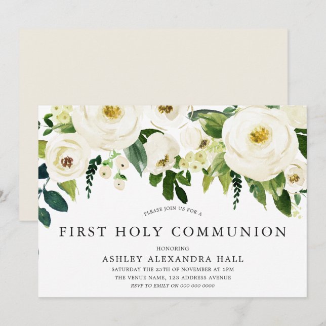 Elegant White Roses First Holy Communion Invitation (Front/Back)