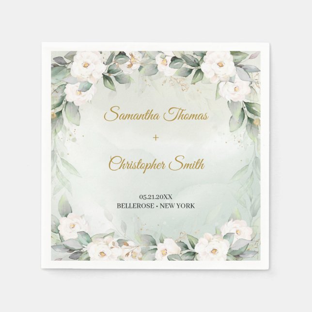 Elegant White Roses Floral Garden greenery wedding Napkin (Front)