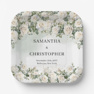 Elegant White Roses Floral Garden greenery wedding Paper Plate