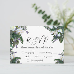 Elegant white roses floral lavender greenery RSVP Card