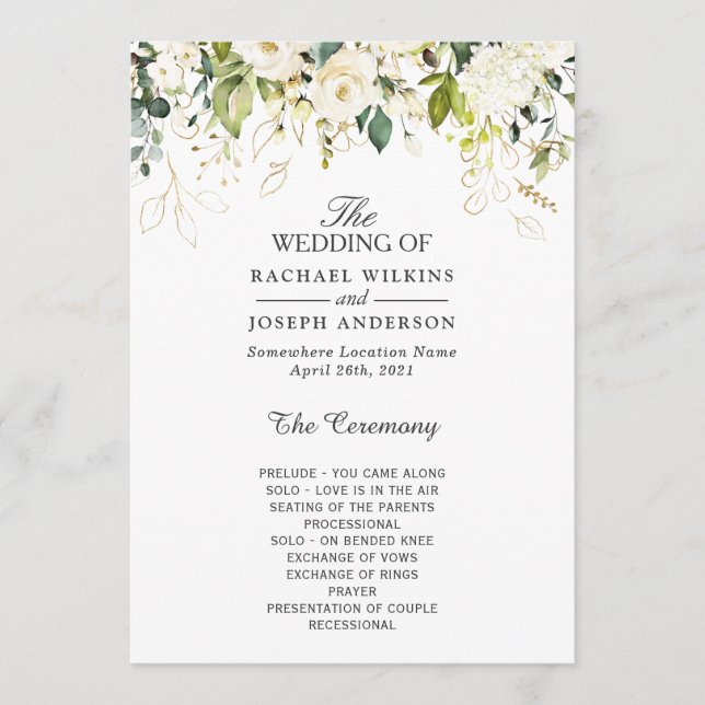 Elegant White Roses Floral Wedding Programme (Front)