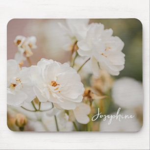Elegant White Roses Flower Photo With Custom Name Mouse Mat