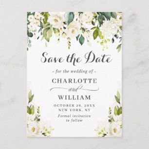 Elegant White Roses Flowers Wedding Save the Date Announcement Postcard