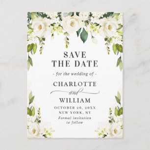 Elegant White Roses Flowers Wedding Save the Date Announcement Postcard