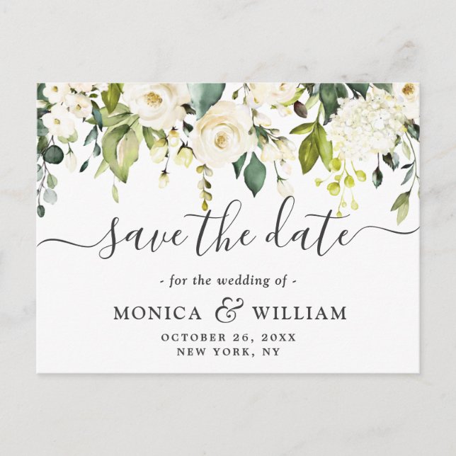 Elegant White Roses Flowers Wedding Save the Date Postcard (Front)