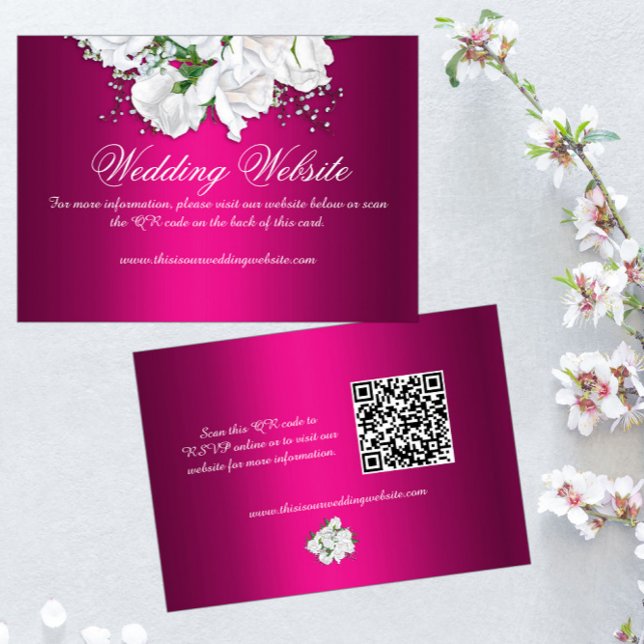 Elegant White Roses, Fuchsia Pink Wedding Website Enclosure Card (Creator Uploaded)