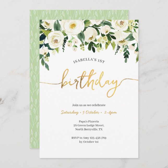 Elegant White Roses Girls Birthday Invitation (Front/Back)