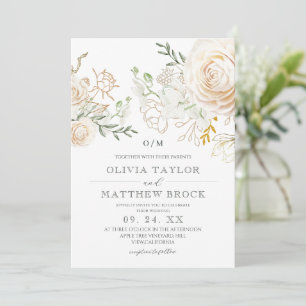 Elegant White Roses Gold Sage Green Flora Wedding Invitation