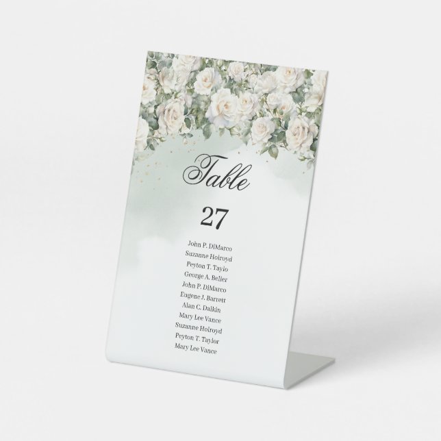 Elegant White Roses Greenery and Gold wedding Pedestal Sign (Front)