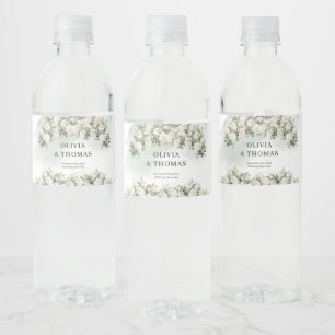Elegant White Roses Greenery and Gold wedding Water Bottle Label