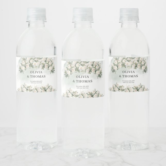Elegant White Roses Greenery and Gold wedding Water Bottle Label (Bottles)