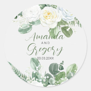 Elegant White Roses & Greenery  Classic Round Sticker