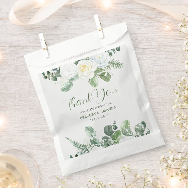 Elegant White Roses & Greenery  Favour Bags (Clipped)